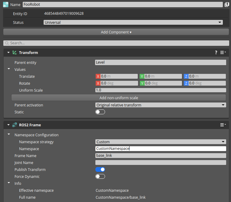 ROS 2 Frame component properties - custom namespace