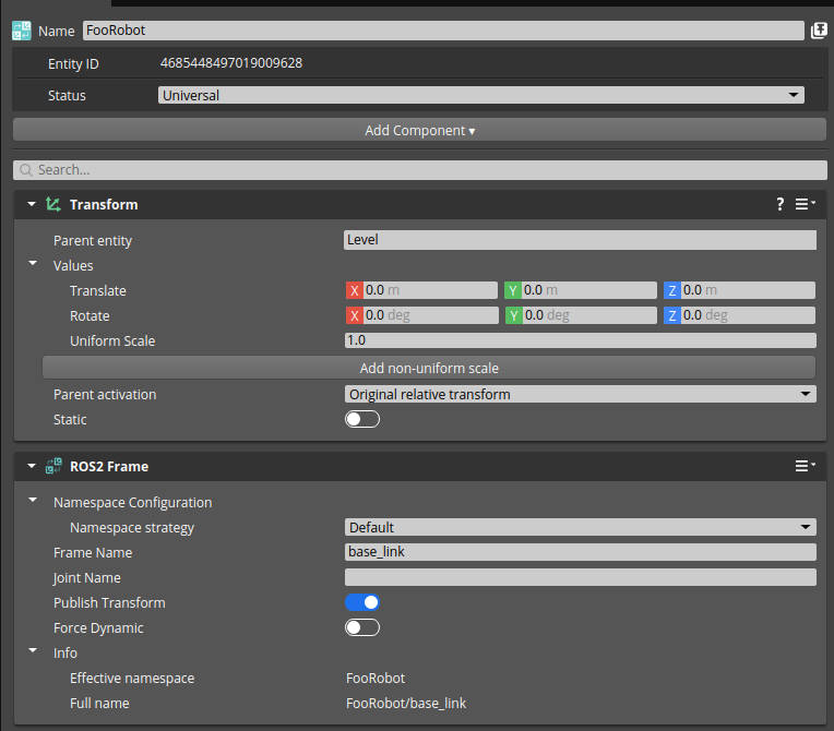 ROS 2 Frame component properties - default namespace